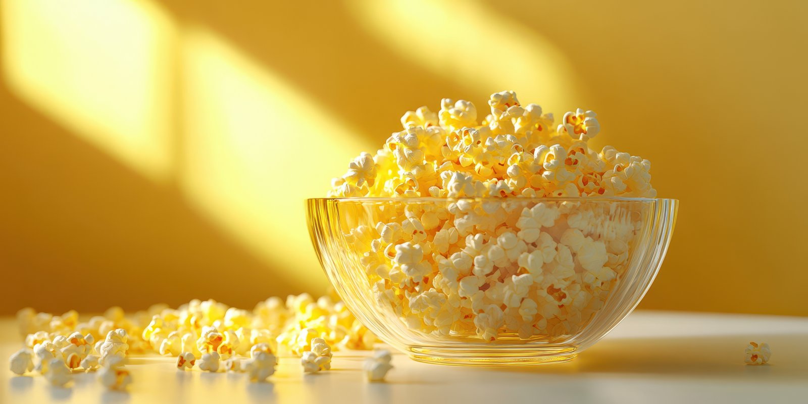 Freshly popped popcorn in a clear bowl against a warm yellow backdrop capturing sunlight